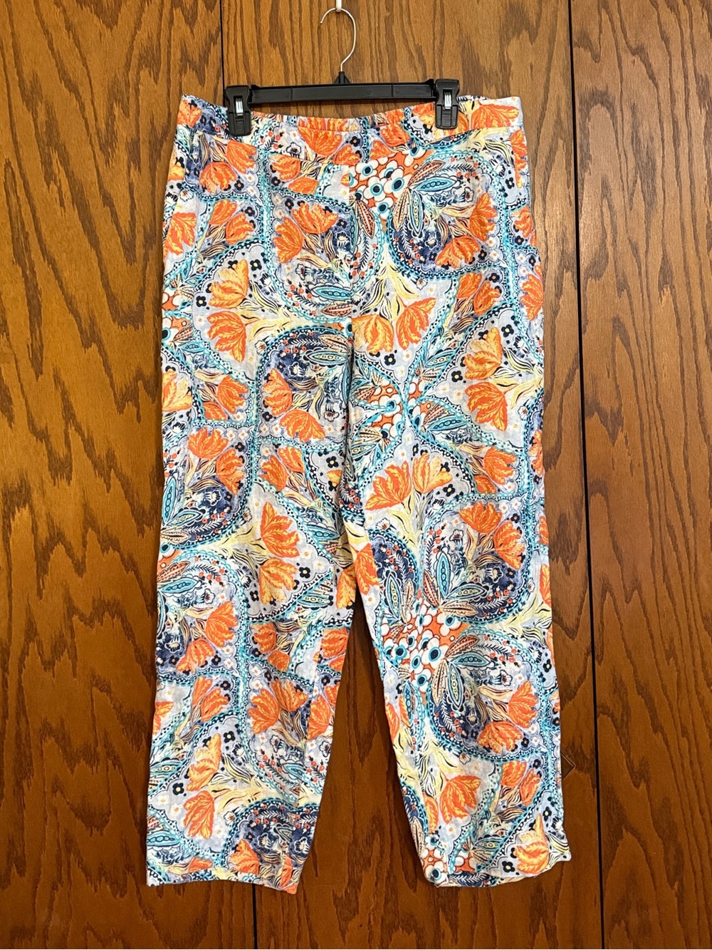 Chico's 100% Linen Paisley Print Straight Leg Pants Orange Blue Size 2.5